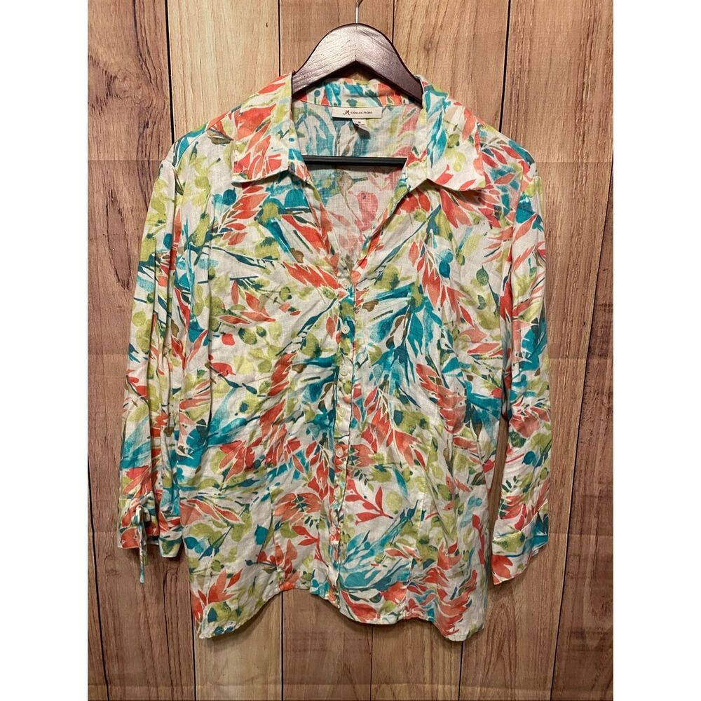 JM Collection size 18 100% Linen button up shirt blouse floral watercolor style